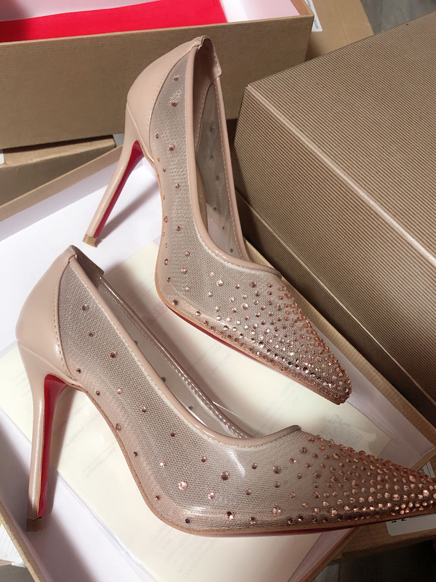 

Sexy Woman Sandals Shoes Red Bottom High Heels Spikedqueen Mesh Strass Heel height Follies Pointed toe Rhinestone wedding party dress with dust bag, Black