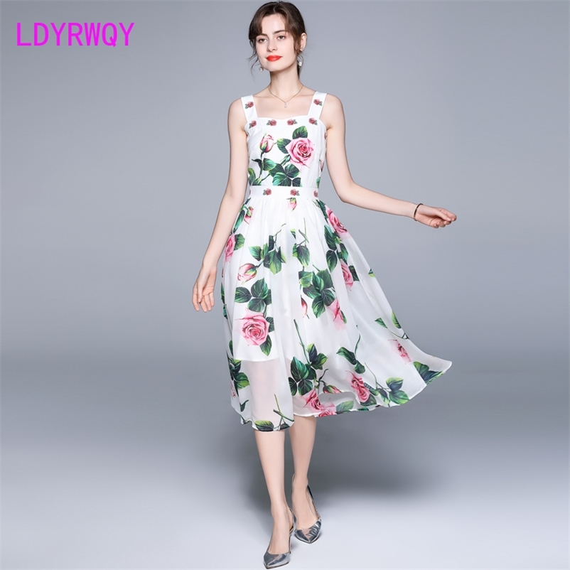 

LDYRWQY rose flower stitching chiffon holiday big swing suspender dress Knee-Length Office Lady 210603, White
