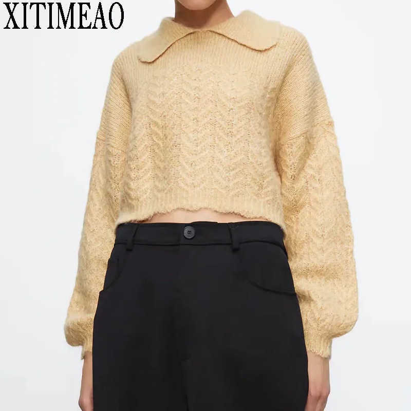 

ZA Women Lapel Knitted Sweater Casual Houndstooth Lady Pullover Sweaters Female Autumn Winter Retro Jumper 210602, As picture