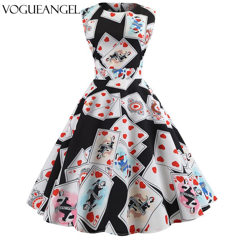 

Plus Size Dresses Vintage Poker Print High Waist Swing Dress Vestidos Round Collar Sleeveless A-Line Fit And Flare Summer 2XL, Black