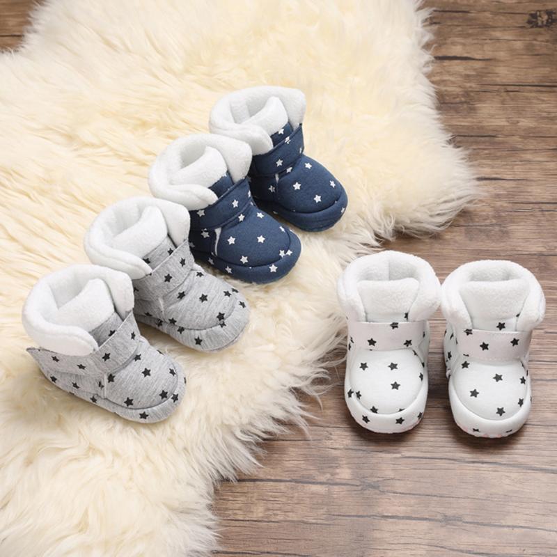 

Boots Infant Snow Winter Baby Boys Girl Shoes Soft Sole Star Print First Walker Plush Warm Prewalker Fleece 0-18M, Black;grey