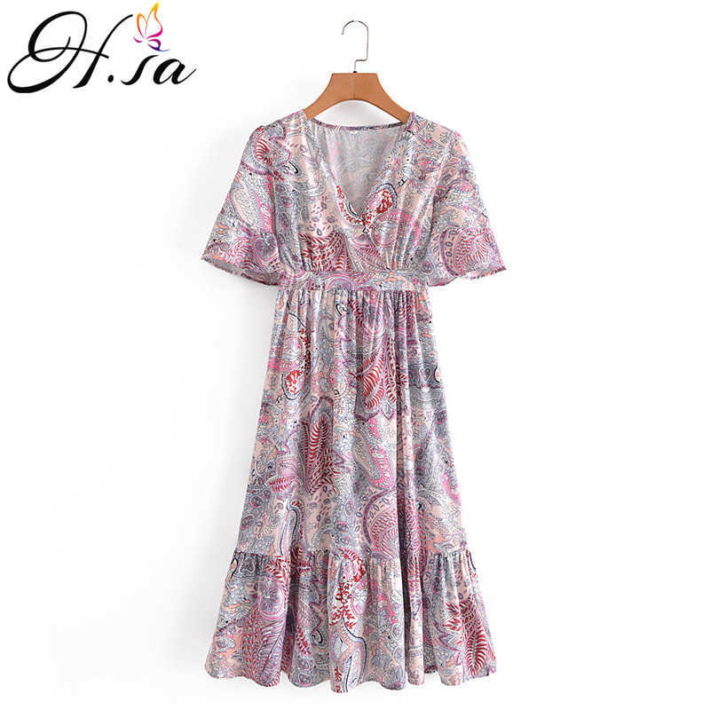 Hsa Robe imprimée florale Femmes Haute taille plissée longue robe d'été à manches courtes fleutes imprimées bohèques longues robes maxi 210716