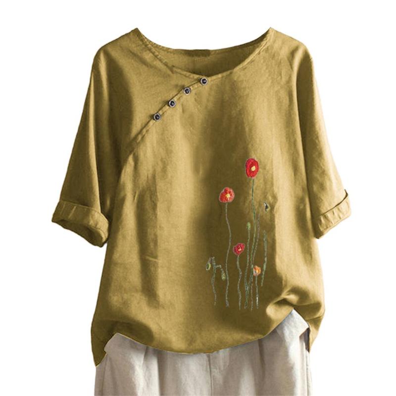 

Women's Blouses & Shirts Office Lady Long Sleeve O Neck Floral Embroidery Buttones Vintage Shirt Blouse Top, Khaki