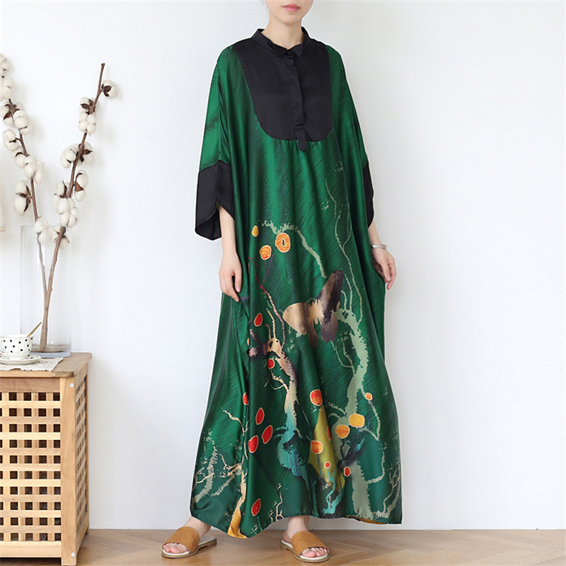 

Johnature Women Chiffon Vintage Shirt Dresses Print Floral Bat Sleeve Summer Loose Female Plus Size Dresses 210521, Green