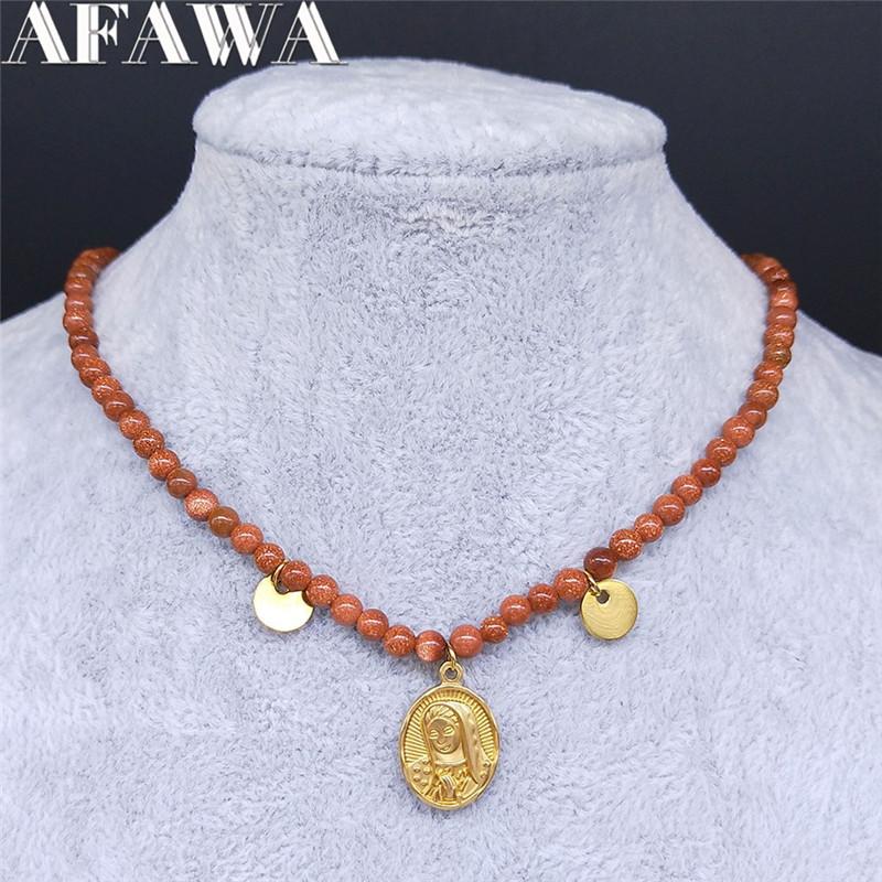

Pendant Necklaces Our Lady Natural Stone Stainless Steel Statement Necklace Women Gold Color Choker Jewelry Cadena De Oro Hombre NXS04, Silver