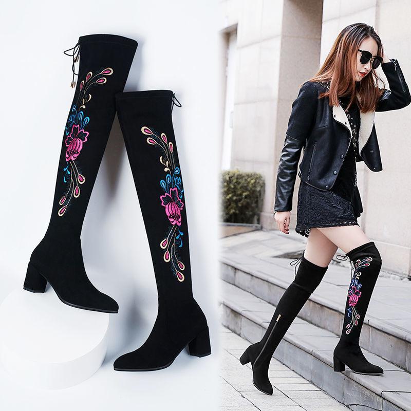 

Boots Autumn And Winter High Fashion Over-the-Knee Flock Embroider Zip Pointed Toe Med (3cm-5cm) Square Heel Plus Velvet, Black