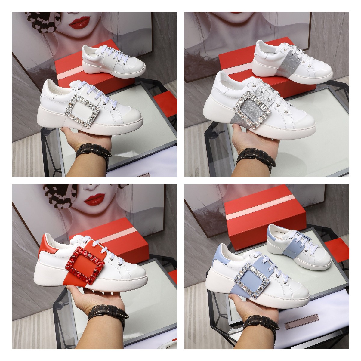 Designer Luxury Women Casual Shoes Lady Low-top Leather Sneaker Calfskin Crystal Lace-up White Shoe Fashion Comfortable Top Quality With Box Size 35