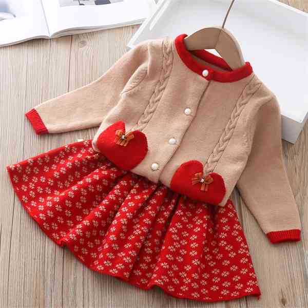 

Baby Girl Clothes 2021 Winter Love Sweater Top With Flower Skirt Two-piece Autumn Kids Clothes Girls Knitted Suit 1-5 Years X0401, Packing bag