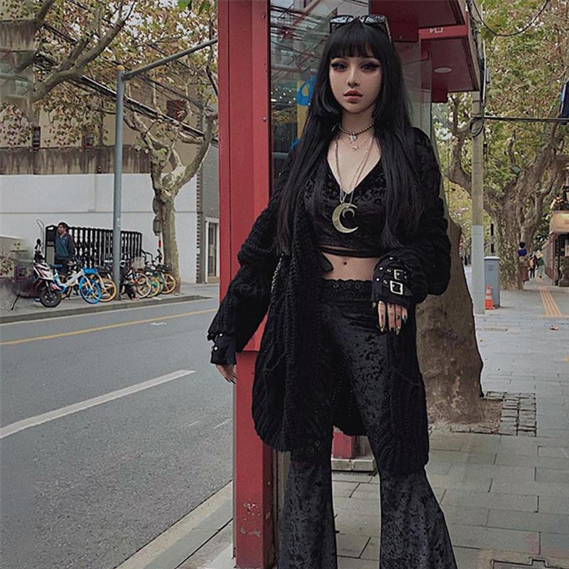 

fashion patchwork lace women pant solid flare gothic dark high waist loose trousers street suede, Black;white