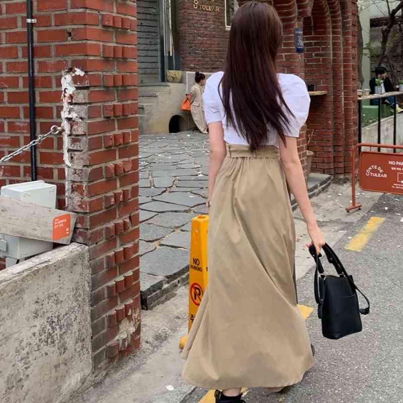 Two Piece Dress New Fashion Summer Puff sleeve Women&#039;s Elegant White Blouses + High Waist split Long skirt Set Female Suit 9KZX-image-700004319