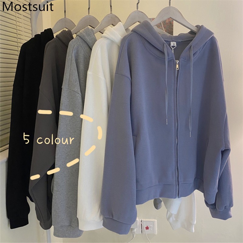

Thick Hooded Sweatshirt Coat Women Spring Zip-up Full Sleeve Solid Loose Basic Fashion Casual Female Jacket Tops Mujer 210518, Black
