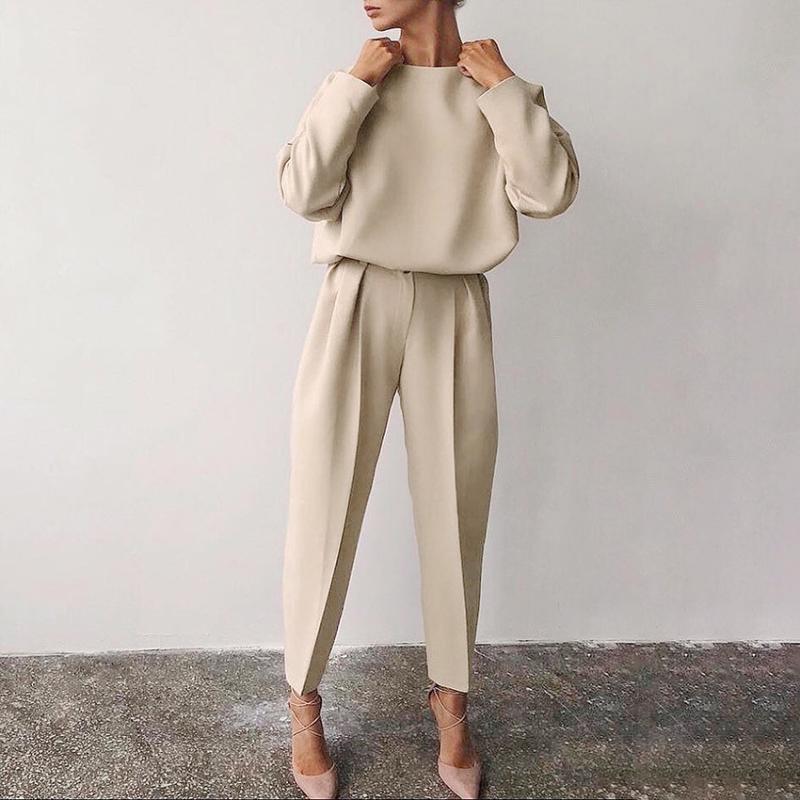 

Women's Tracksuits Women Autumn England 2 Piece Set Office Lady Two Solid T Shirt + Pants Suits Female Tops Trousers Casual Loose Outfits, Brown set