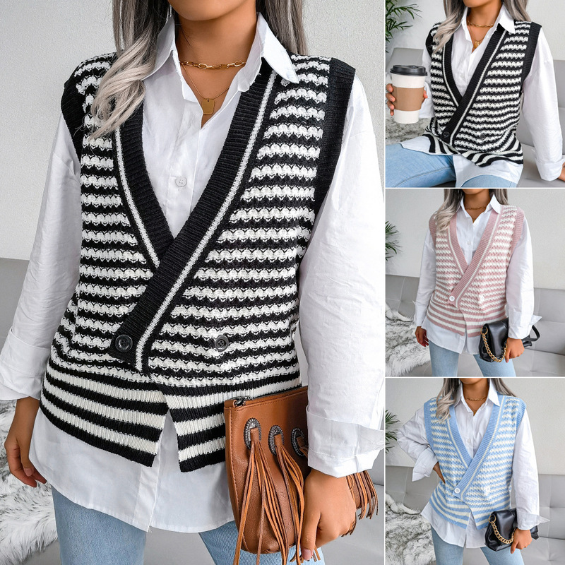 

European and American Design Striped College Style Knit Vest Sweater, White;black