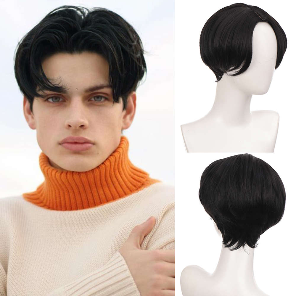 

Shangke Short Right Middle Part Her Wigs For Men Young Cosplay Party Natural Black Synthetic Heat-ristant Fake Hair Wig