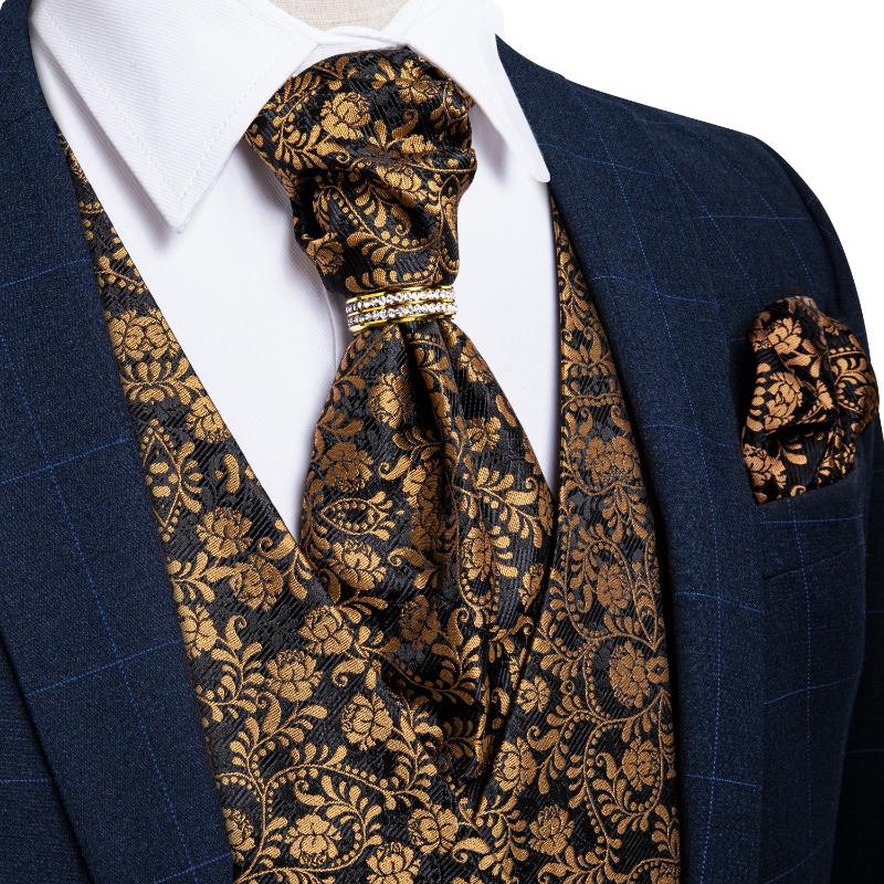 

Men' Vests Fashion Suit Vest Men Waistcoat Gold Floral Silk Wedding Ascot Tie Handkerchief Set Formal Dress Sleeveless Jacket DiBanGu, Vj0126-2006
