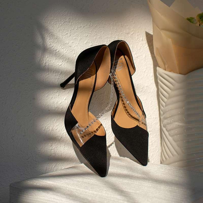 

European Style Pointed Toe Thin High Heels Rhinestone Decoration Mature Young Lady Dance Party Basic Women Pumps L99 Dress Shoes, Beige