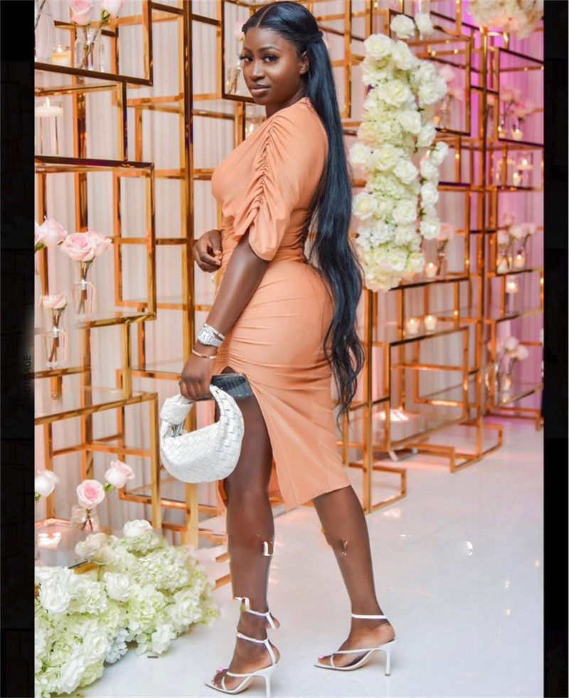 

Simple Satin Evening Dresses With Cape Sleeves V Neck Knee Length Prom Gowns South African Formal, Champagne