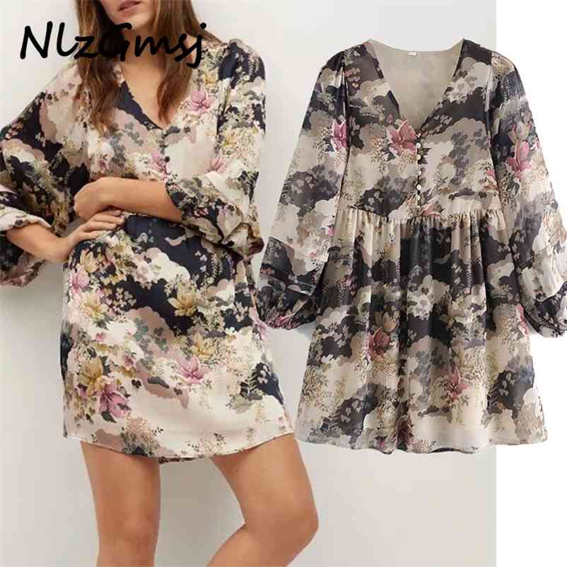 

Dres Elegant V-neck High Waist Long Sleeve Printing Loose Fit Fashion Autumn Spring 210628, As picture