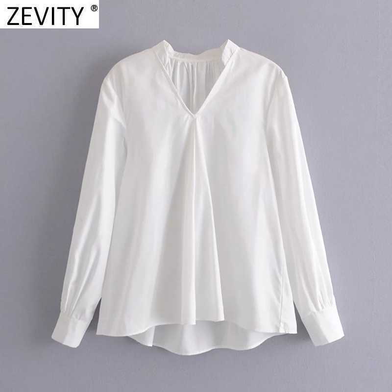 

Zevity Women Fashion V Neck Solid Color Casual White Smock Shirt Office Lady Back Pleat Blouse Roupas Chic Femininas Tops LS7606 210603, As pic ls7606aazz