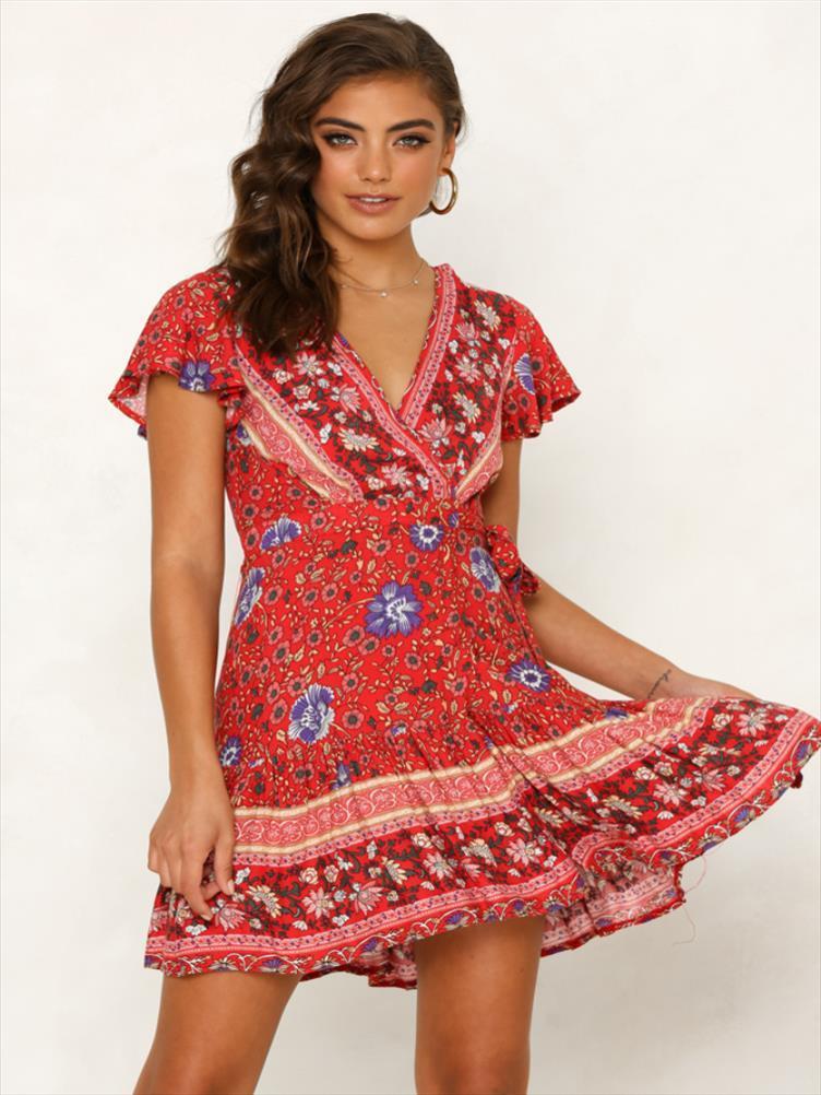 

drop vintage short sleeve women dress print v neck boho floral mini female summer letter holiday sundress, Black;gray