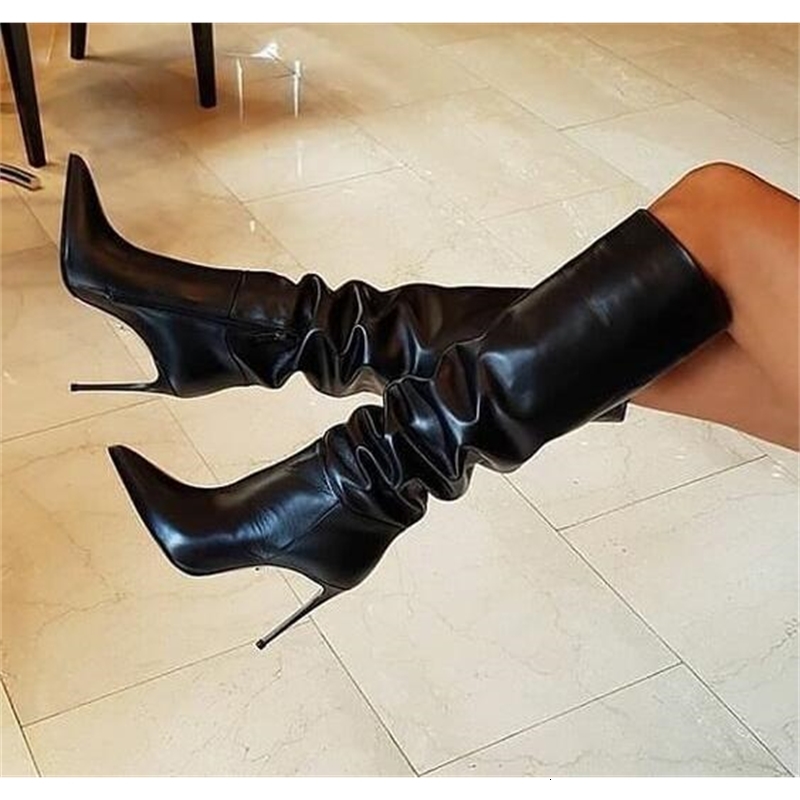 

boots black winter naked leather woman pointed toe thin heels high knees long night club boots zipper pejz