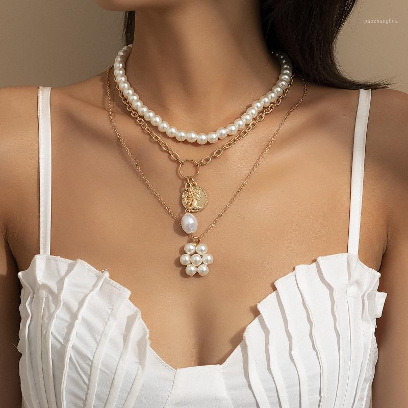 

Chains European And American Fashion Jewelry With Multilayer Pearl Set Necklace Clavicle Alloy Portrait For Female Party, Silver