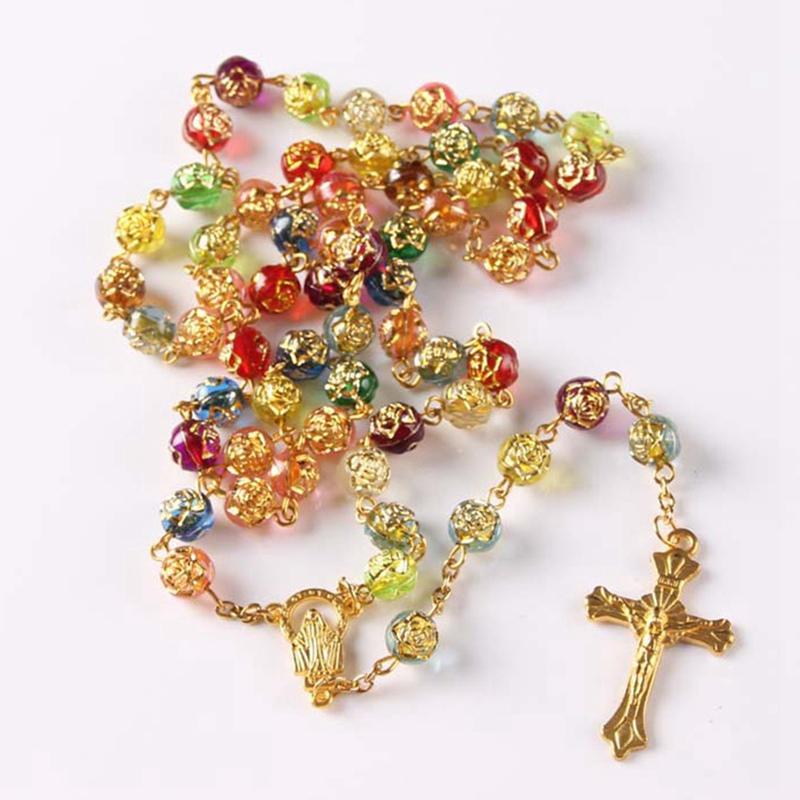 Rosary Beaded Religious Necklace Acrylic Rose Flower Beads Cross Pendant Women Jewelry Necklaces-image-688865422
