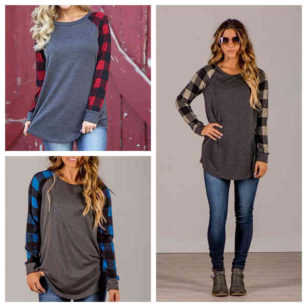 

women plaid t shirt panel raglan sleeve t-shirt autumn winter long sleeve pullover patchwork long sweatshirt plus size casual yfa563, White