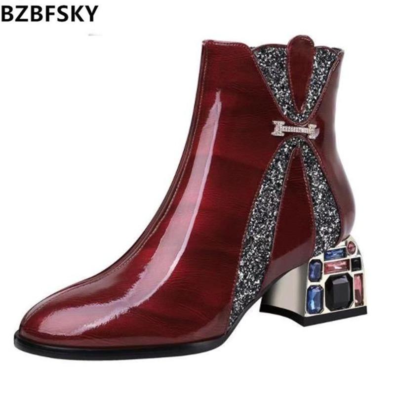 

Boots Autumn And Winter Thick With Rhinestone Sequins Patent Leather Korean Version High-heeled Ankle Boot Woman Plus Velvet Short, Black