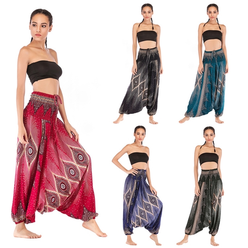 

Bohemia Eye Printed Elastici Waist Lace Up Pants for Women Harem Loose Casual Wide Leg Pantalones Mujer Cintura Alta 210604, Ink green