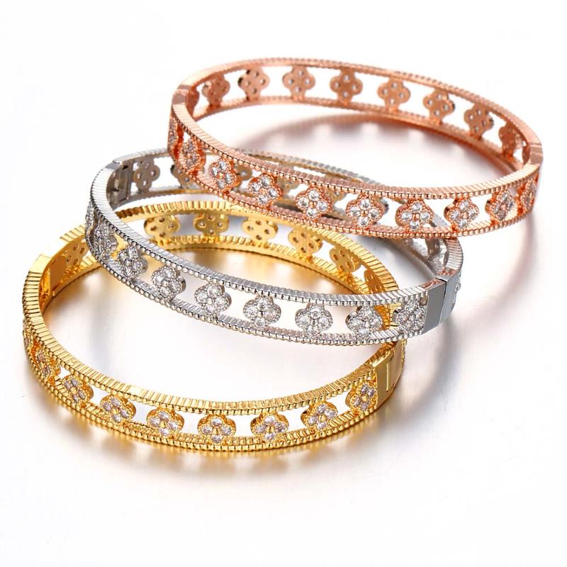 

Bangle Women's Zircon Bracelet High Quality Fashion Classic Hollow Out Design Small Plant Flower Clover Hand Ornament Jewelry