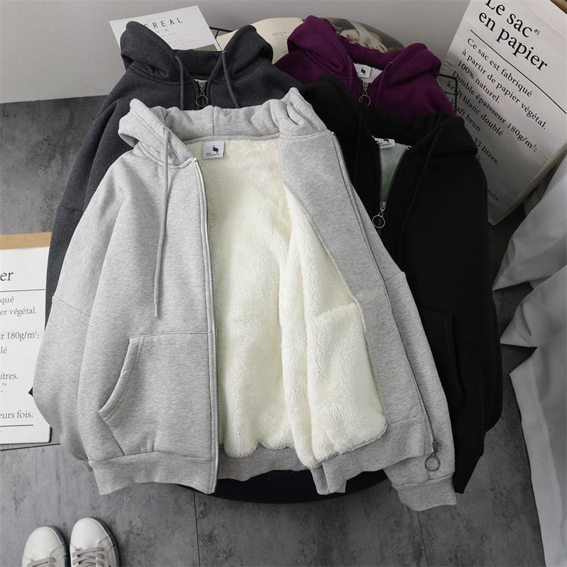 

Women's Hoodies & Sweatshirts Autumn Winter Thick Fleece Zipper Women Sweatshirt Hoodie Coat Warm Korean Solid Color Long Sleeve Hooded Fema, Black