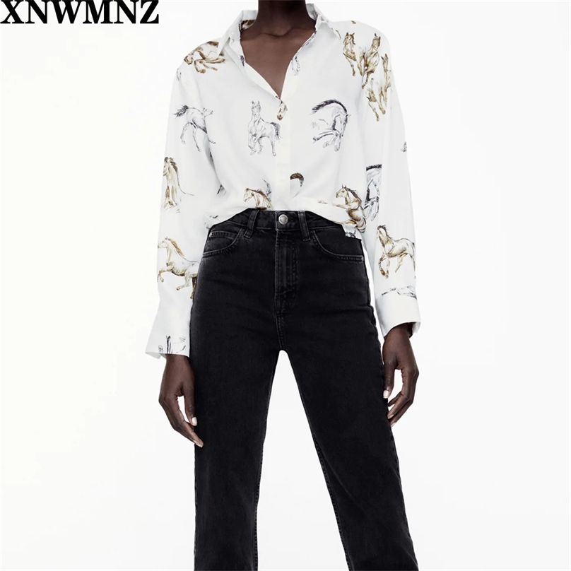 

women Vintage animal motif shirt female casual Loose-fitting button-up with a regular collar long sleeves top 210520, Multi