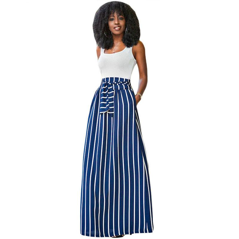 

Skirts 2021 Autumn Summer Women Long Skirt Chic Colorblock Striped Maxi Full-length High Waist Tie Big Hem Vintage, Black