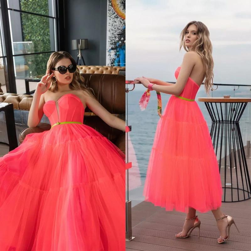

Party Dresses 2022 Pretty Cocktail With Belt Sweetheart Tulle Ankle Length Lace A Line Prom Dress Custom Made Formal Gowns, Champagne