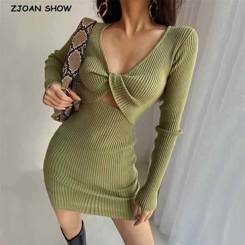 

2 Style wear Vintage Bow Knik Knitting Sweater Dress Sexy Ladies Long sleeve Package Hips Bodycon Base Dresses 210429, Green