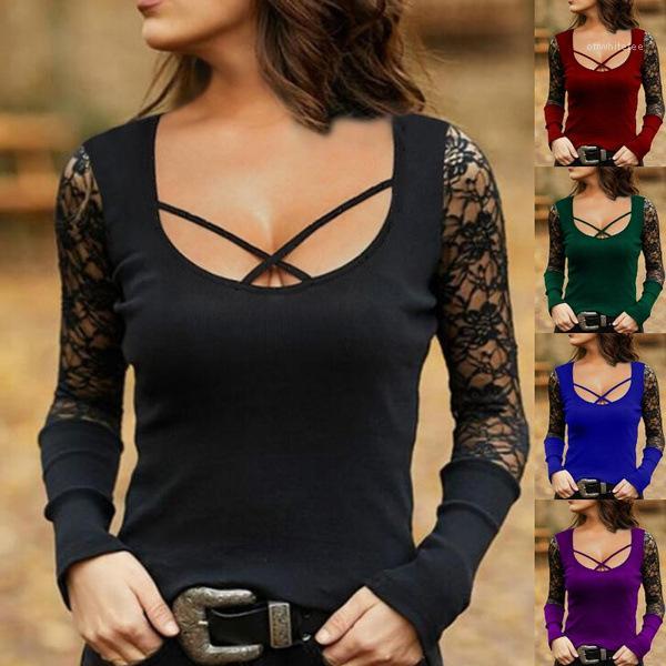 

Sleeve Spring Autumn Lace Panelled Tees Fashion Casual Tops Women Clothes 2020 New Womens Designer Tshirt Long, White