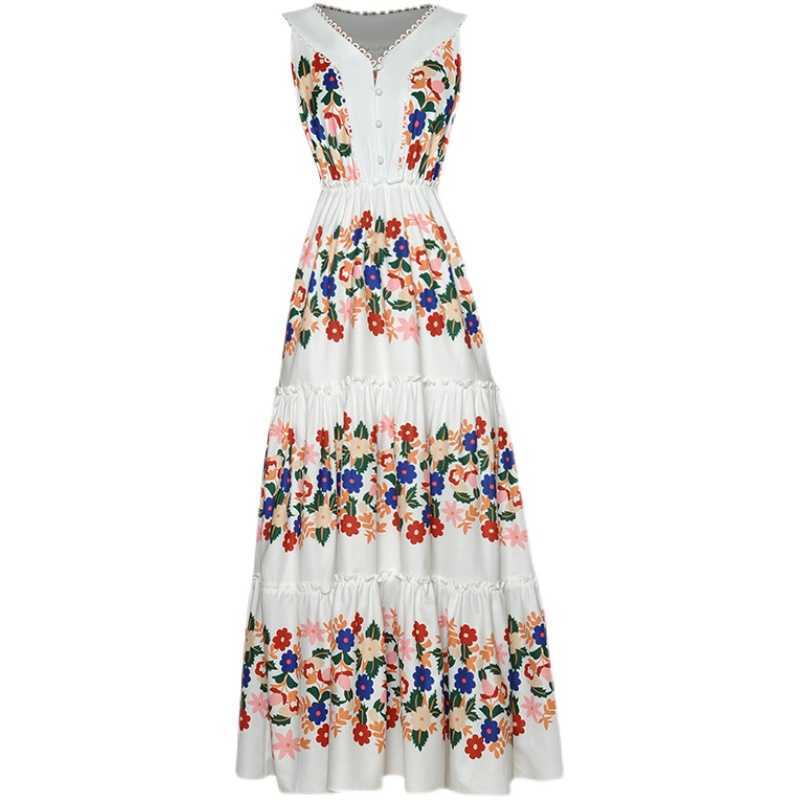 

High Quality Summer Fashion Women' Sexy V-neck Sleeveless Buttons Elastic Waist Bohemian Printed Maxi Long Dress 210526, Mixed color