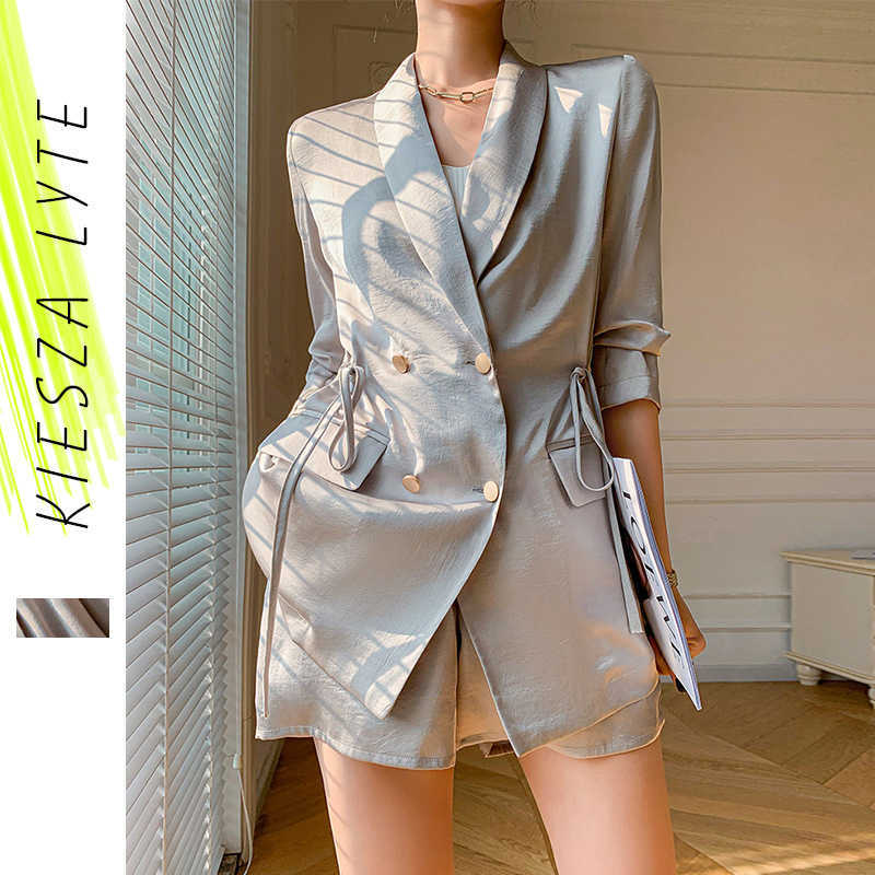 

Elegant Two Piece Set Women Top And Pants Draw Satin Jacket Thin Summer Short Sets Casual Office Lady Female Suits 210608, Grey sets