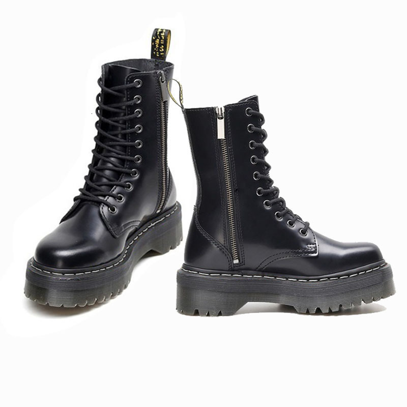 Chaussures de robe Bottes en cuir pour femmes de haute qualité, courts avec dix trous, style britannique, plate-forme pour femmes, fermeture à gl