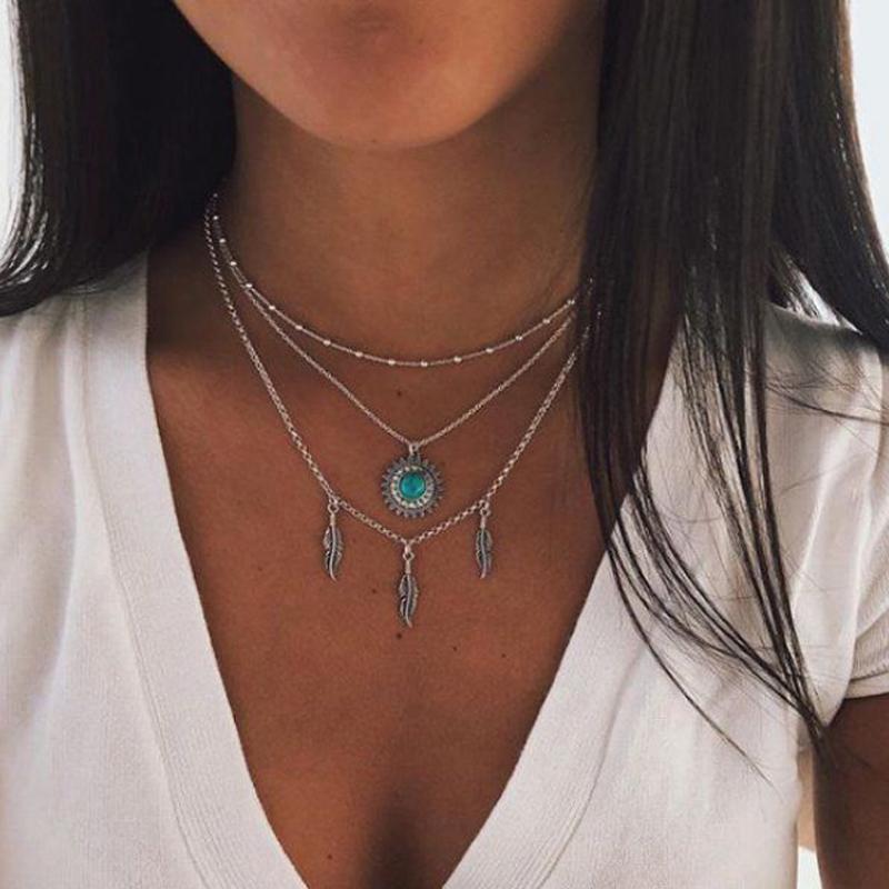 

Bohemia Silver Color Crystal Leaf Drop Layers Choker Necklace For Women Y Shape Chains Sun Pendant Necklaces Party Boho Jewelry Chokers, Golden;silver