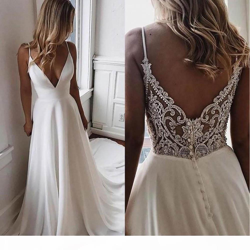 

NEW Simple V Neck Chiffon A Line Boho Beach Wedding Dresses Beaded Applique Formal Bridal Gowns Cheap Custom Bride Dress Vestidos De Novia, White