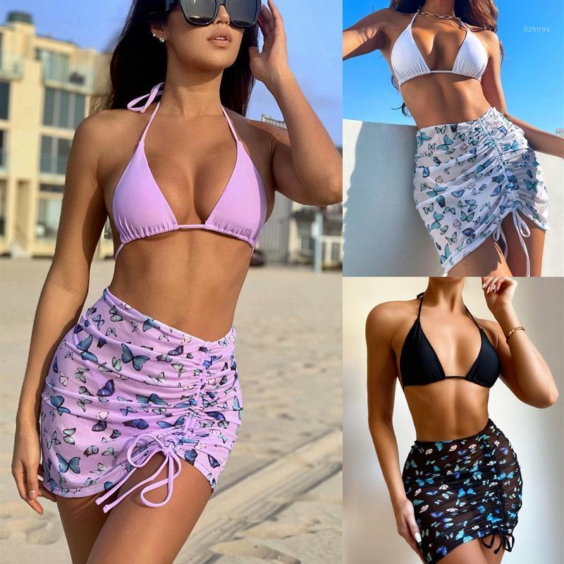 

Woman Bikini Push Up 2021 Sexy 3 Piece Bathing Suit Split Swimming For Women Swimwear Floral Swim Skirt Beach Set Women, Black