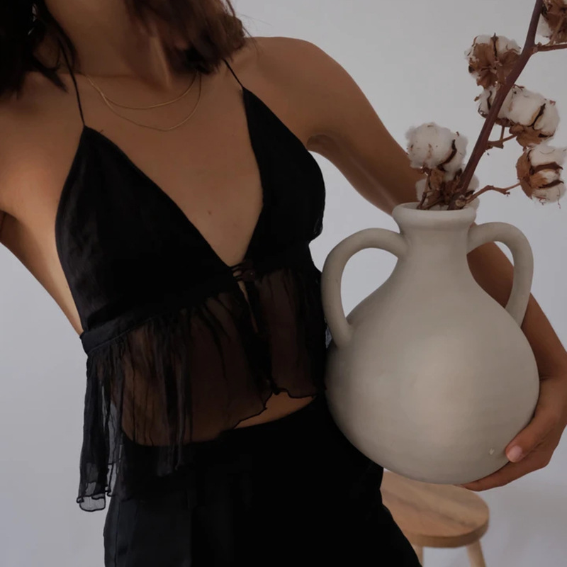 

Fashion Halter Sexy Baless Crop Tops Women White Chiffon Club Party Sleeveless Top Cropped 2021 Summerhigh quality, Black