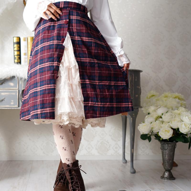 

Skirts Spring Mori Girl Sub-Skirt Lace Joint Slit Complex Classical Skirt Women Red Sweet Japanese Style Plaid Female Kawaii A291, Blue