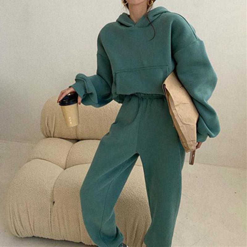 

Women's Two Piece Pants Women Fleece Sportswear Suit Winter Fashion Hooded Sweatshirt Pullover + Pocket Tracksuit Casual Solid Outfits Sets, White