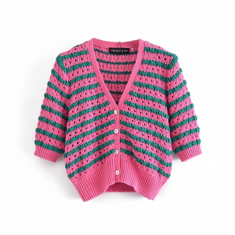

Women Fashion Striped Crop Knitted Top Cardigan Summer Casual Long Sleeve Female Hollow Out Sweater Outwear Female Chic Tops 210521, As pic