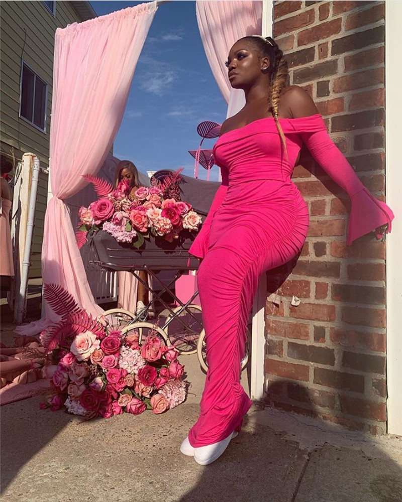 

Slash Neck Women Prom Dresses Sexy Slim Solid Color Backless Long Flare Sleeved Maxi Dresses Fashion Womens Party Dresses, White;black