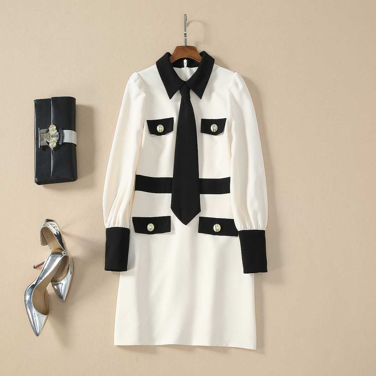 

HIGH QUALITY Designer Fashion Runway Women's Long Sleeve Black White Color Block Shirt Collar Pockets Dress 210526