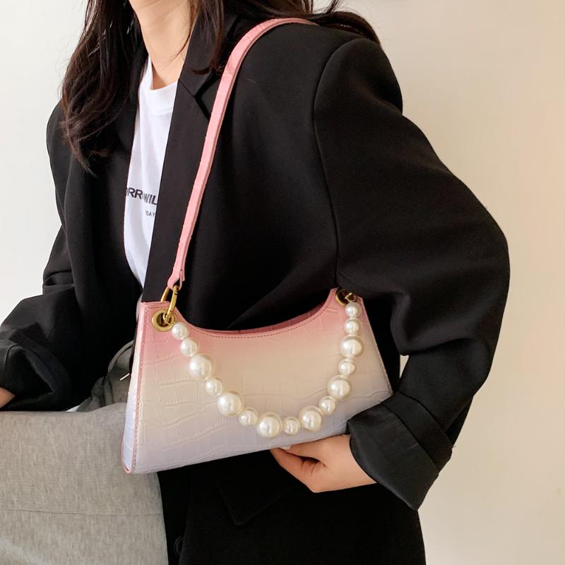 

Crocodile Pattern Women's Shoulder Bags Fashion Gradient Color Female Crossbody Bag PU Leather Shopper Pearl Decoration, Color 2
